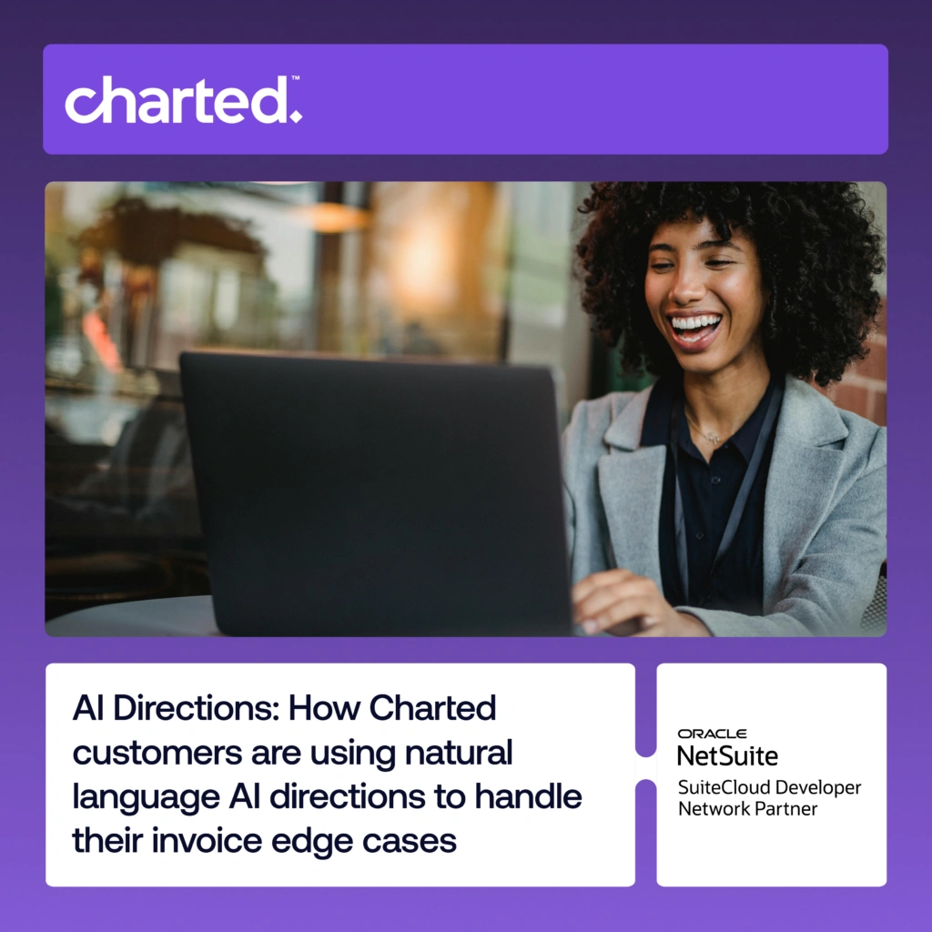 Joyful woman using a laptop on a purple Charted-branded header area.