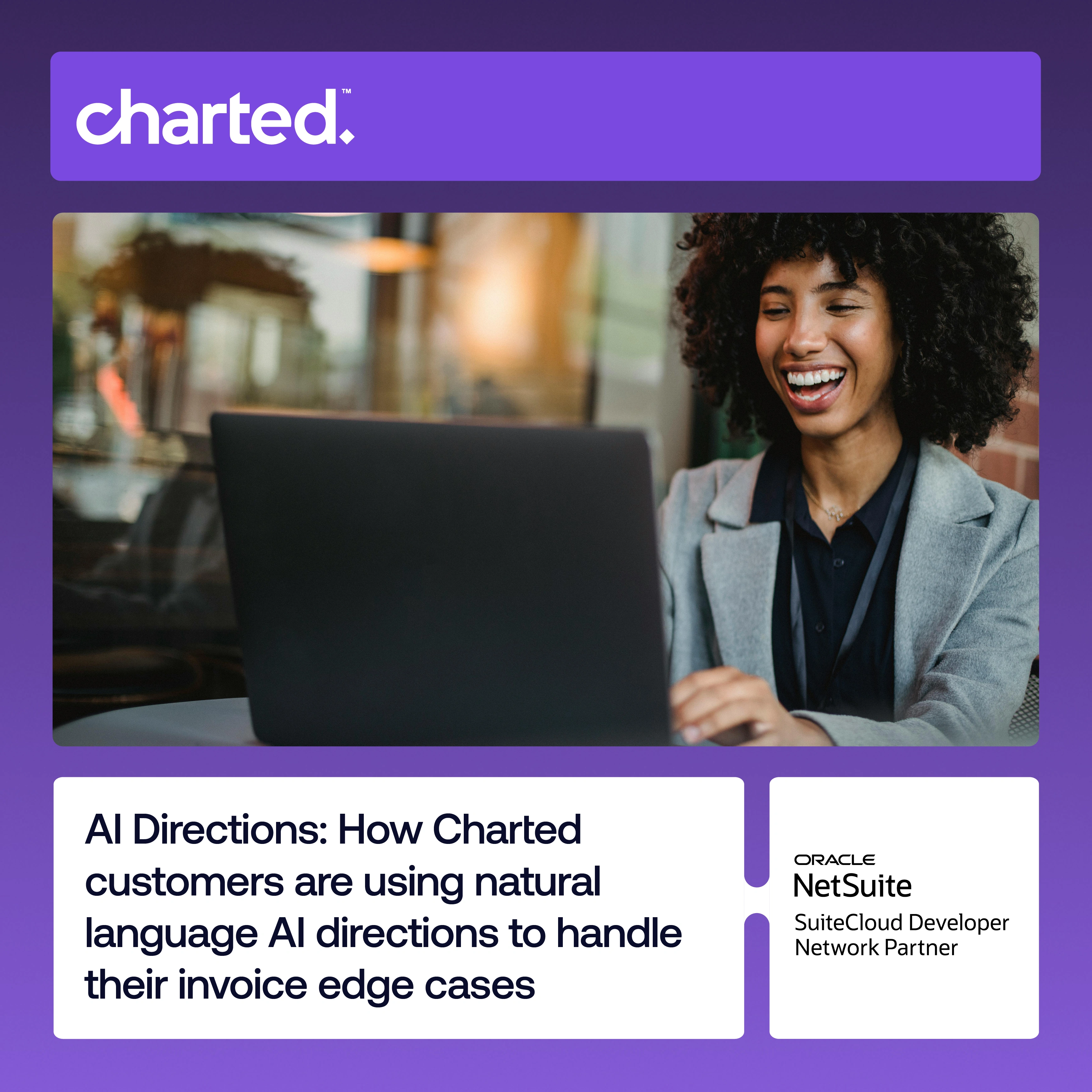 Joyful woman using a laptop on a purple Charted-branded header area.