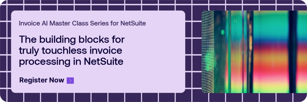 Promotional banner for Invoice AI Master Class Series in NetSuite, with a Register Now button on the left panel.