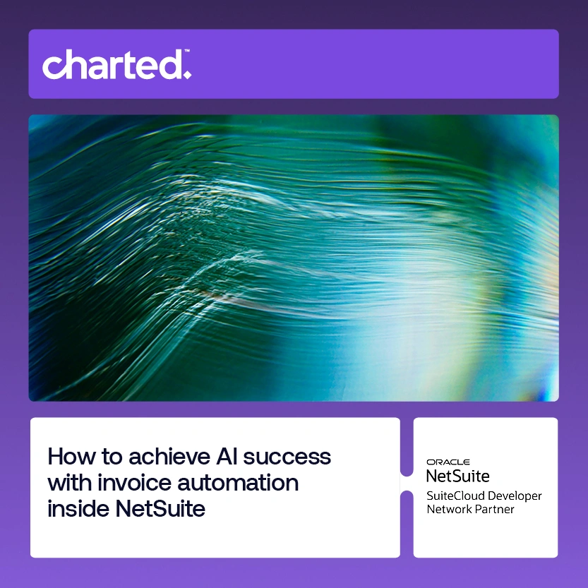 Hero banner with Charted logo and abstract teal wave image, promoting an article about AI in NetSuite invoice automation (NetSuite logo visible).] ,