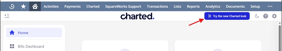Charted dashboard header showing a blue top navigation bar and a highlighted blue button reading 'Try the new Charted look'. A left sidebar is partially visible.