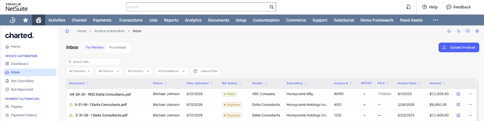Screenshot of NetSuite invoice inbox showing three invoices with statuses Ready and Duplicate in a list view.