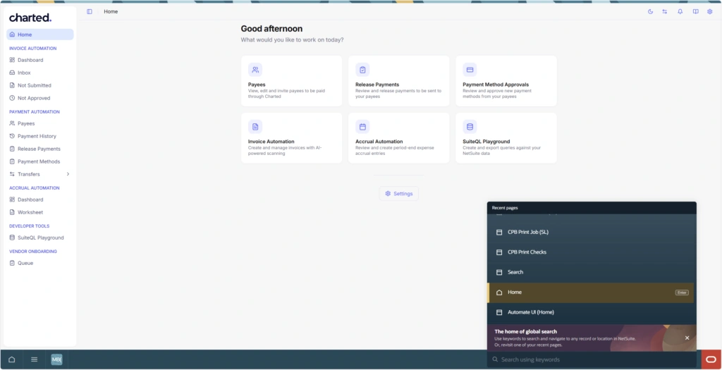 A screenshot showing what the Charted homepage looks like within the new NetSuite Next layout.