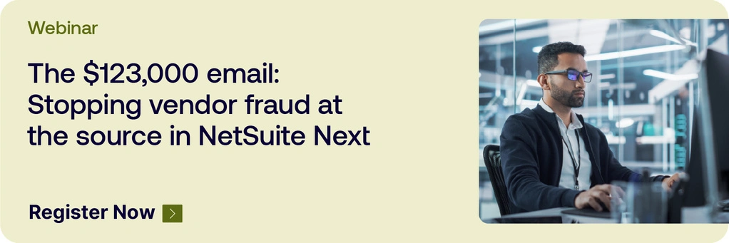 Webinar banner: headline on vendor fraud; left-aligned text, right side shows a man at a computer in an office.