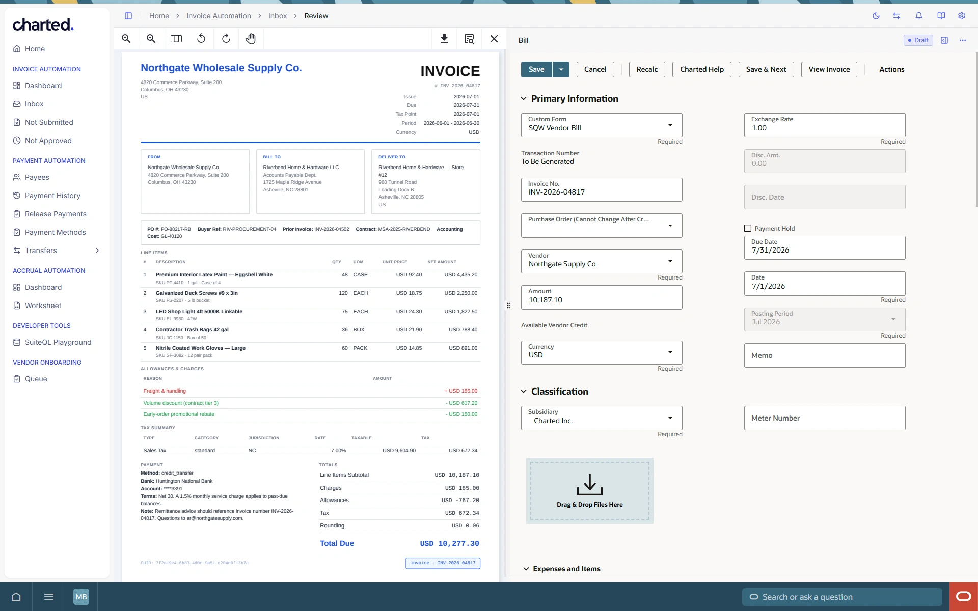 Preview of an invoice from Northgate Wholesale Supply Co. showing header, addresses, itemized line items, and the total due.