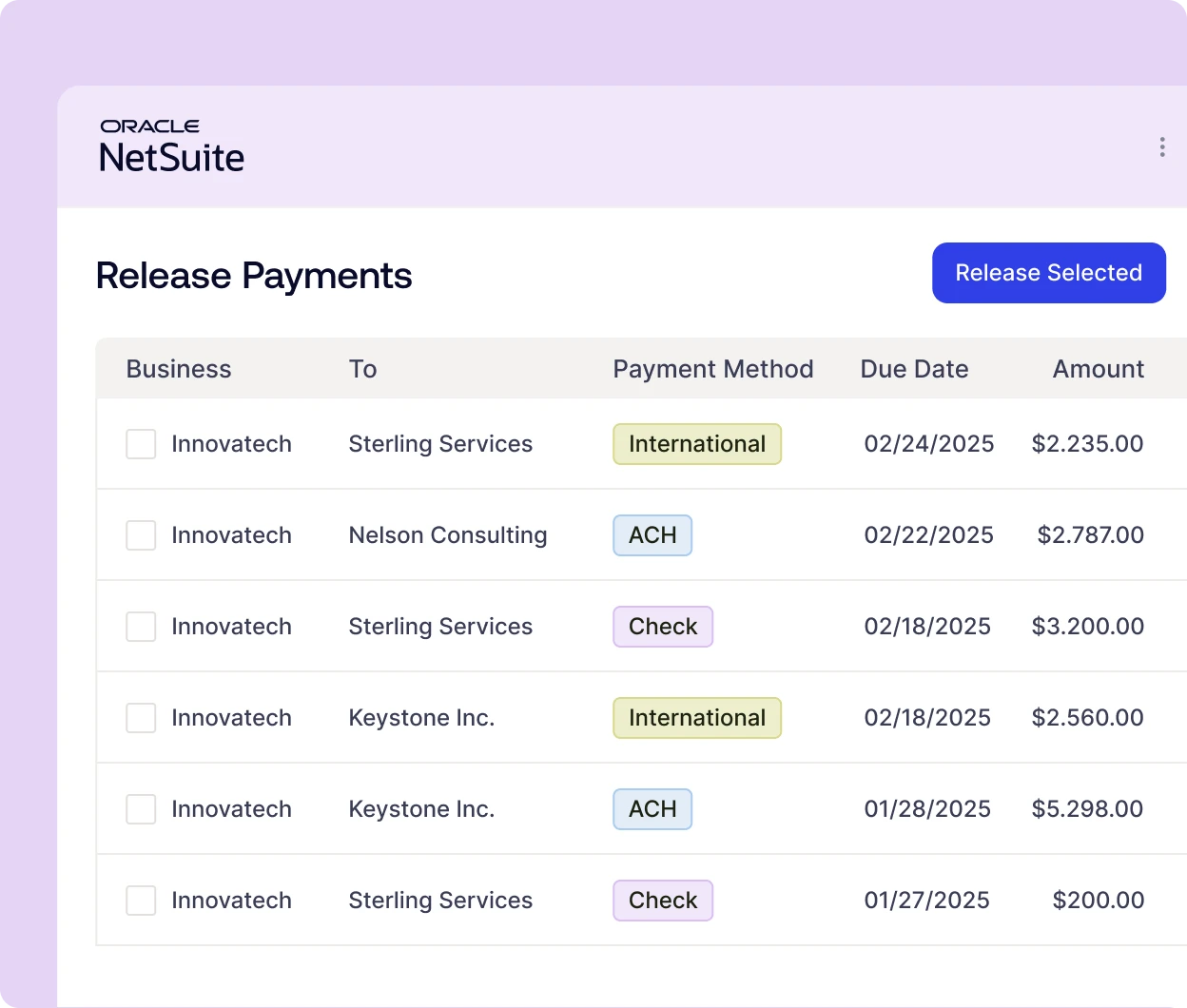 Oracle NetSuite Release Payments screen with a table of payments and a 'Release Selected' button in a purple app header.