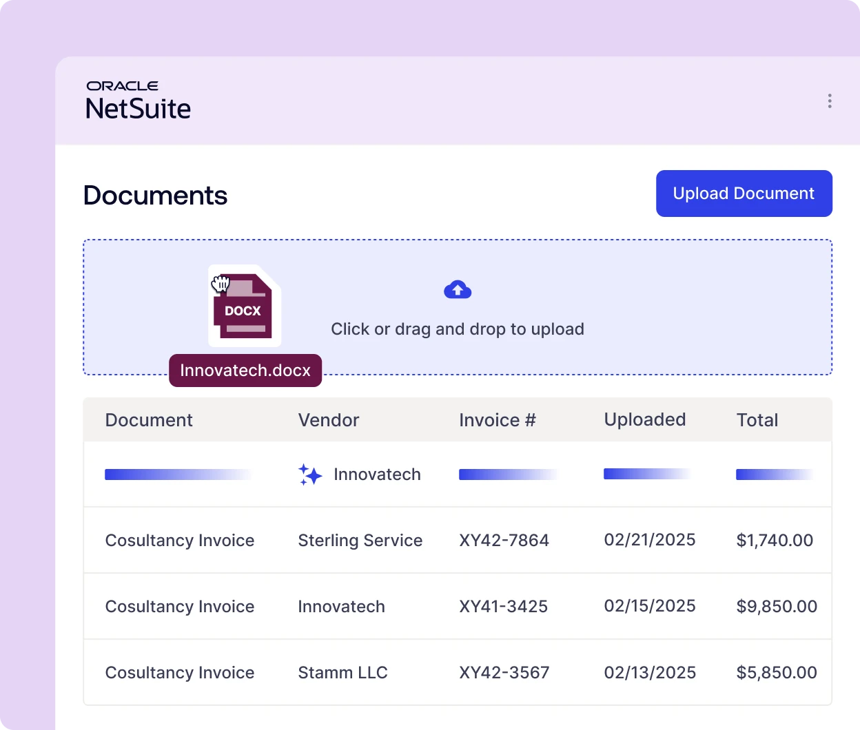 Oracle NetSuite Documents page with a drag-and-drop upload area labeled 'Click or drag to upload' and a list of invoices below.
