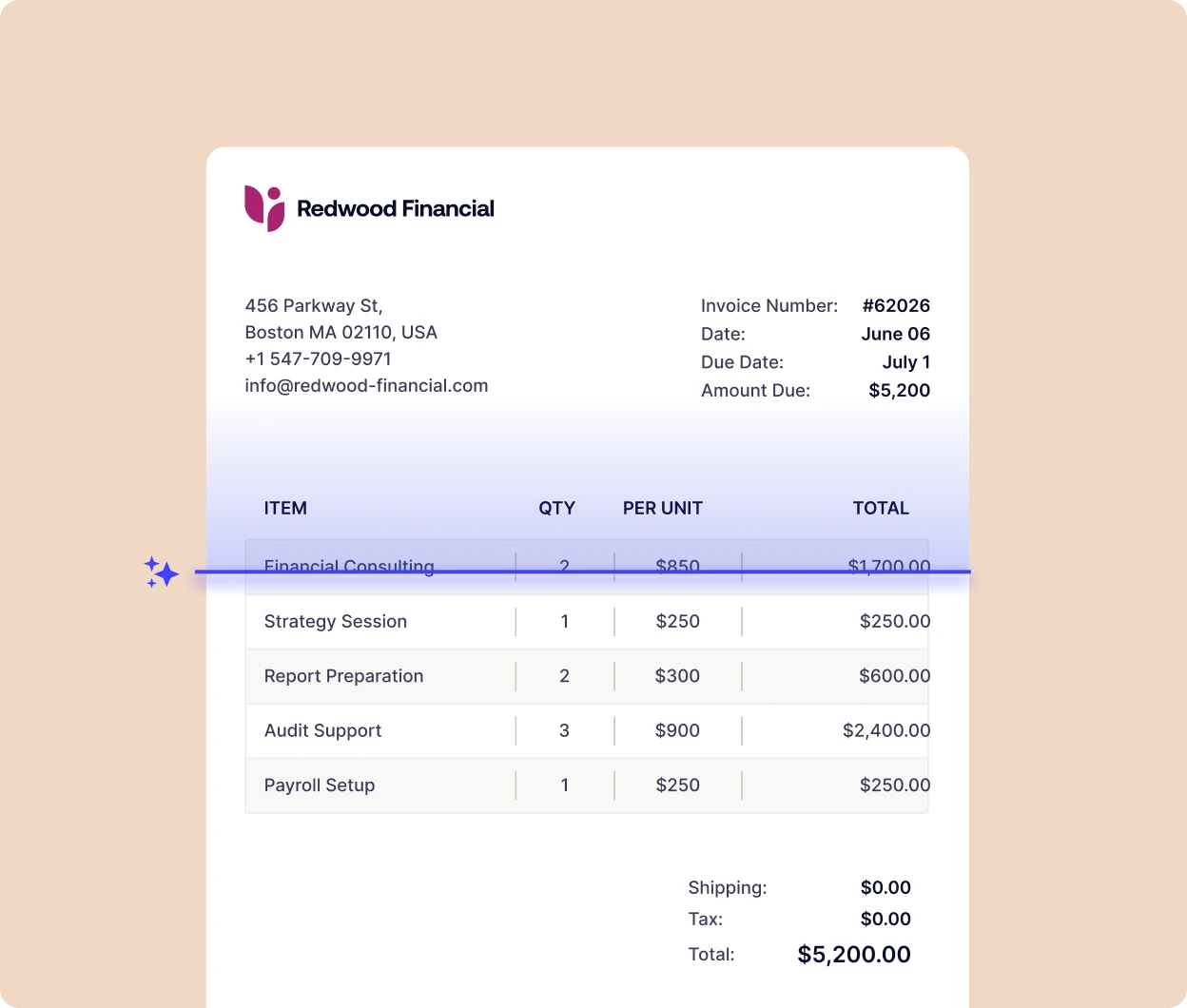 Invoice from Redwood Financial showing client details, items, and total due $5,200.00 with a blue highlight line across the table.