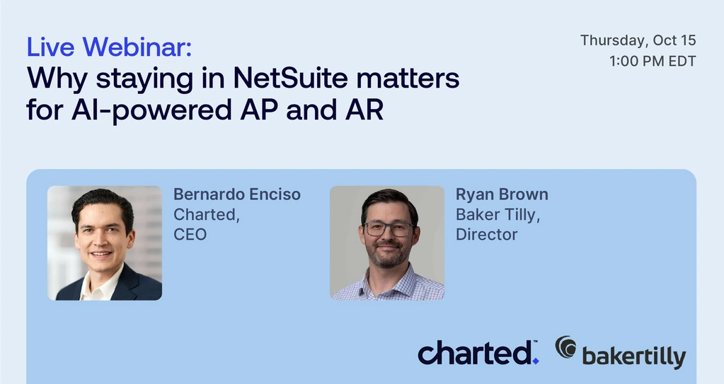 Live webinar banner about NetSuite AI-powered accounts payable and accounts receivable; speakers Bernardo Enciso (CEO) and Ryan Brown (Director).