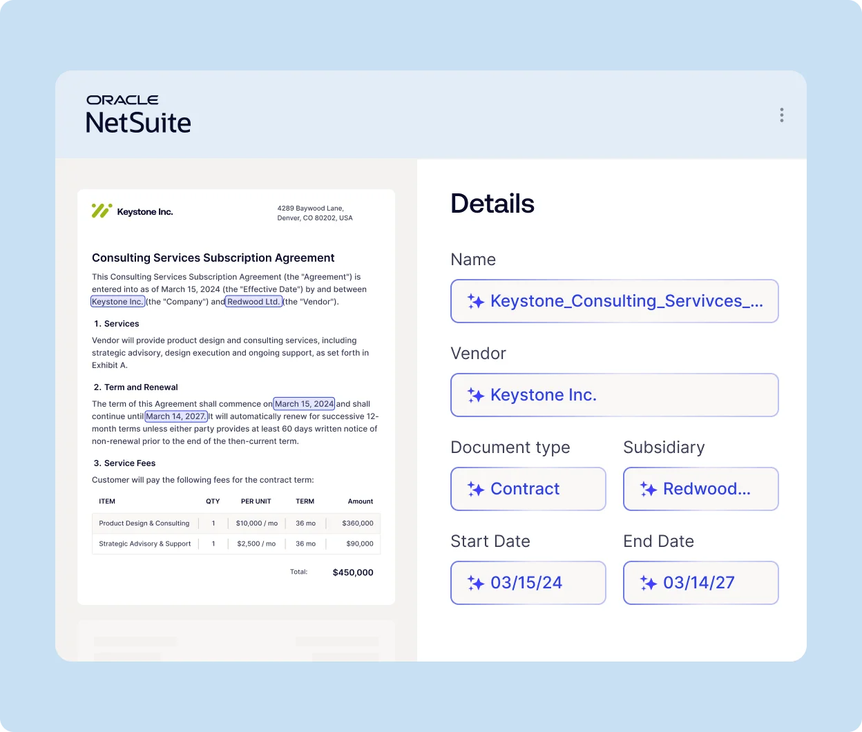 Overview of a contract details panel beside a signed document (Keystone) in Oracle NetSuite UI