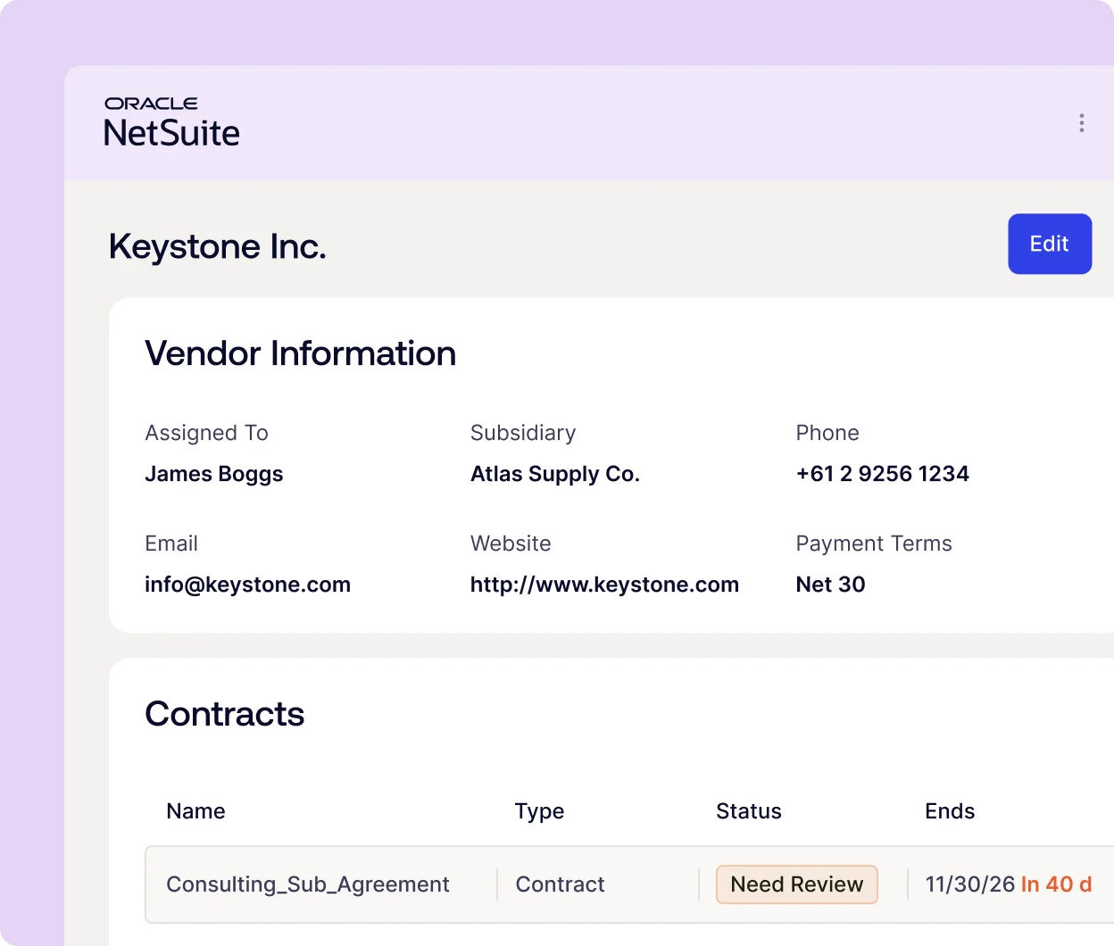 Oracle NetSuite vendor profile: Vendor Information card with assigned to, subsidiary, contact, and website details; Edit button visible