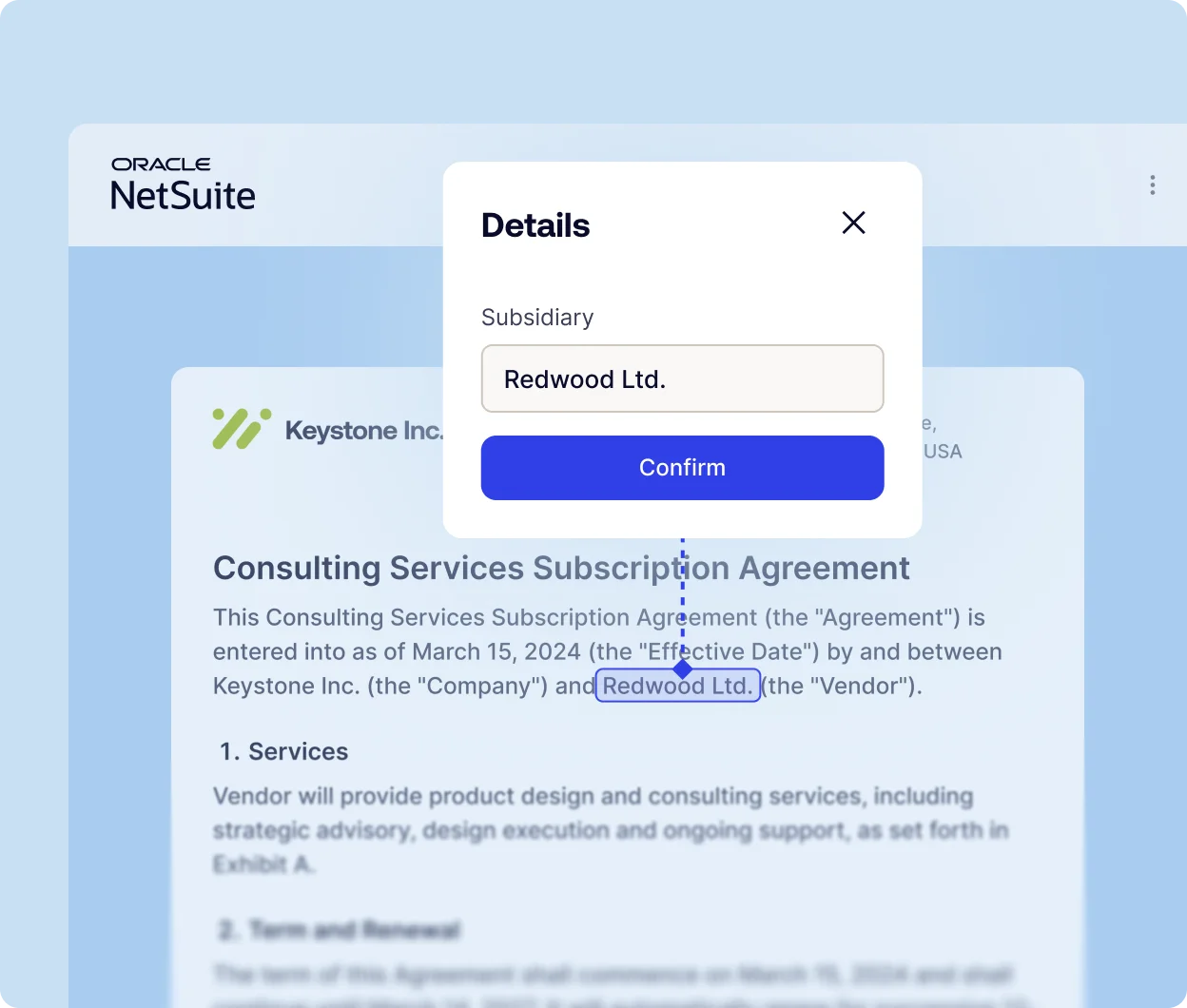 Details modal over a contract screen showing Subsidiary Redwood Ltd. with a blue Confirm button
