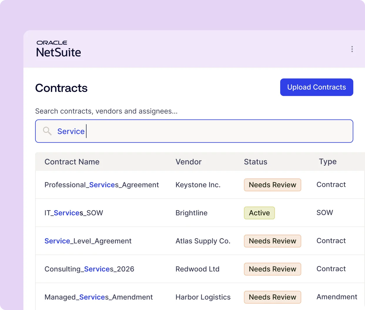Oracle NetSuite Contracts page with a search field and a table of contracts showing status tags like Needs Review and Active.