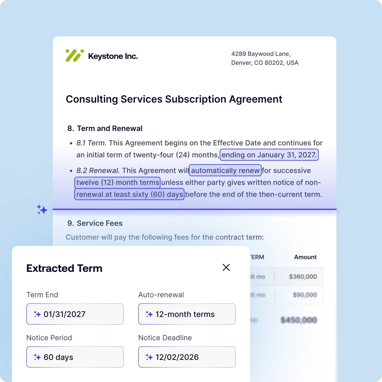 Contract-Intelligence_hero - Charted Screenshot of a consulting agreement page titled 'Consulting Services Subscription Agreement' with Keystone Inc. logo, showing term and renewal details including 'ending on January 31, 2027' and 'auto-renew for twelve (12) month terms' with a blue highlighted emphasis and a panel labeled 'Extracted Term' showing Term End 01/31/2027, Auto-renew 12-month terms, Notice Period 60 days, Deadline 12/02/2026.