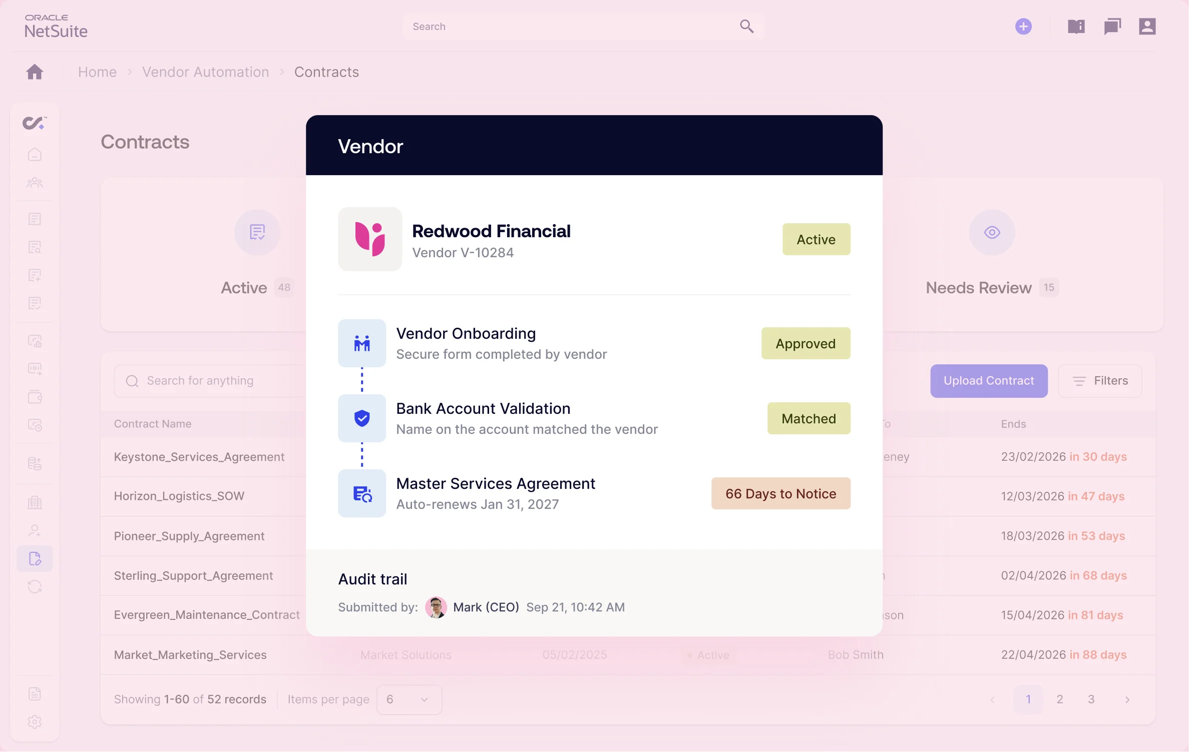 Modal panel titled Vendor over a Contracts page showing vendor list items (e.g., Redwood Financial) with status pills like Active, Approved, Matched, and upcoming deadlines