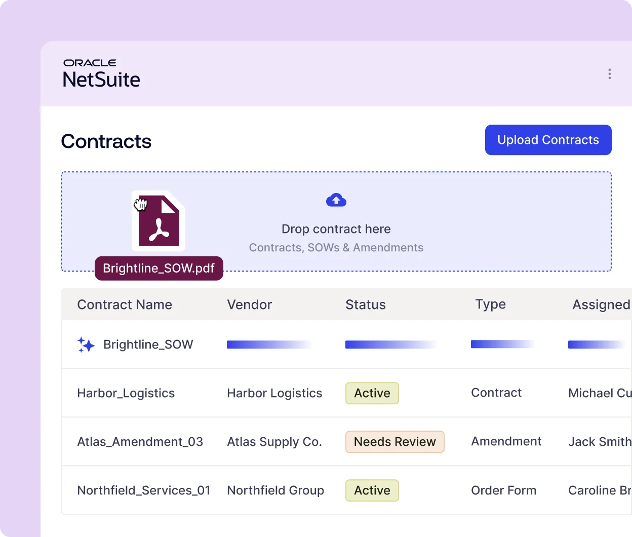 NetSuite Contracts page with a drag-and-drop upload zone showing a Brightline_SOW.pdf icon and filename nearby