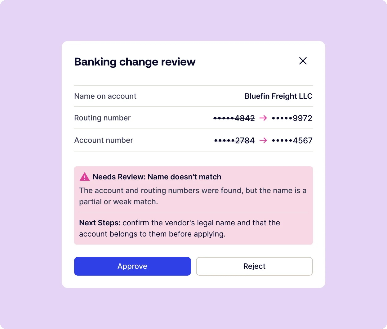 Modal: 'Banking change review' form with Name on account, routing and account numbers masked, and a pink warning about name mismatch with steps and Approve/Reject buttons
