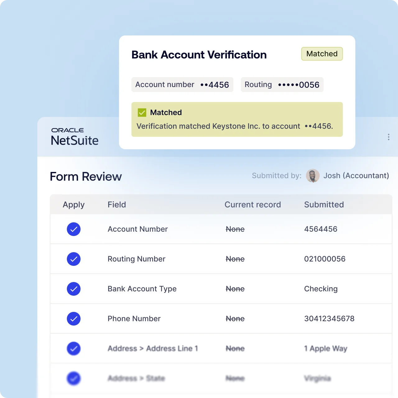 Bank Account Verification dialog shows Matched status with masked numbers (account 4456, routing 0056) over a NetSuite Form Review screen.