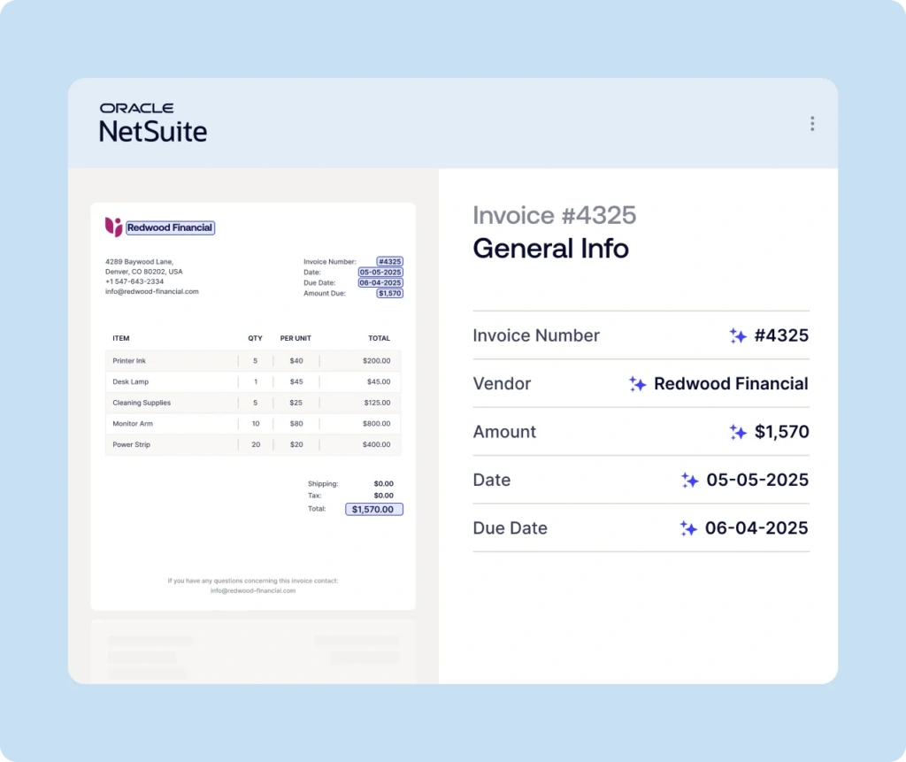 Screenshot of an Oracle NetSuite invoice dashboard showing a printable invoice on the left and a General Info invoice summary on the right