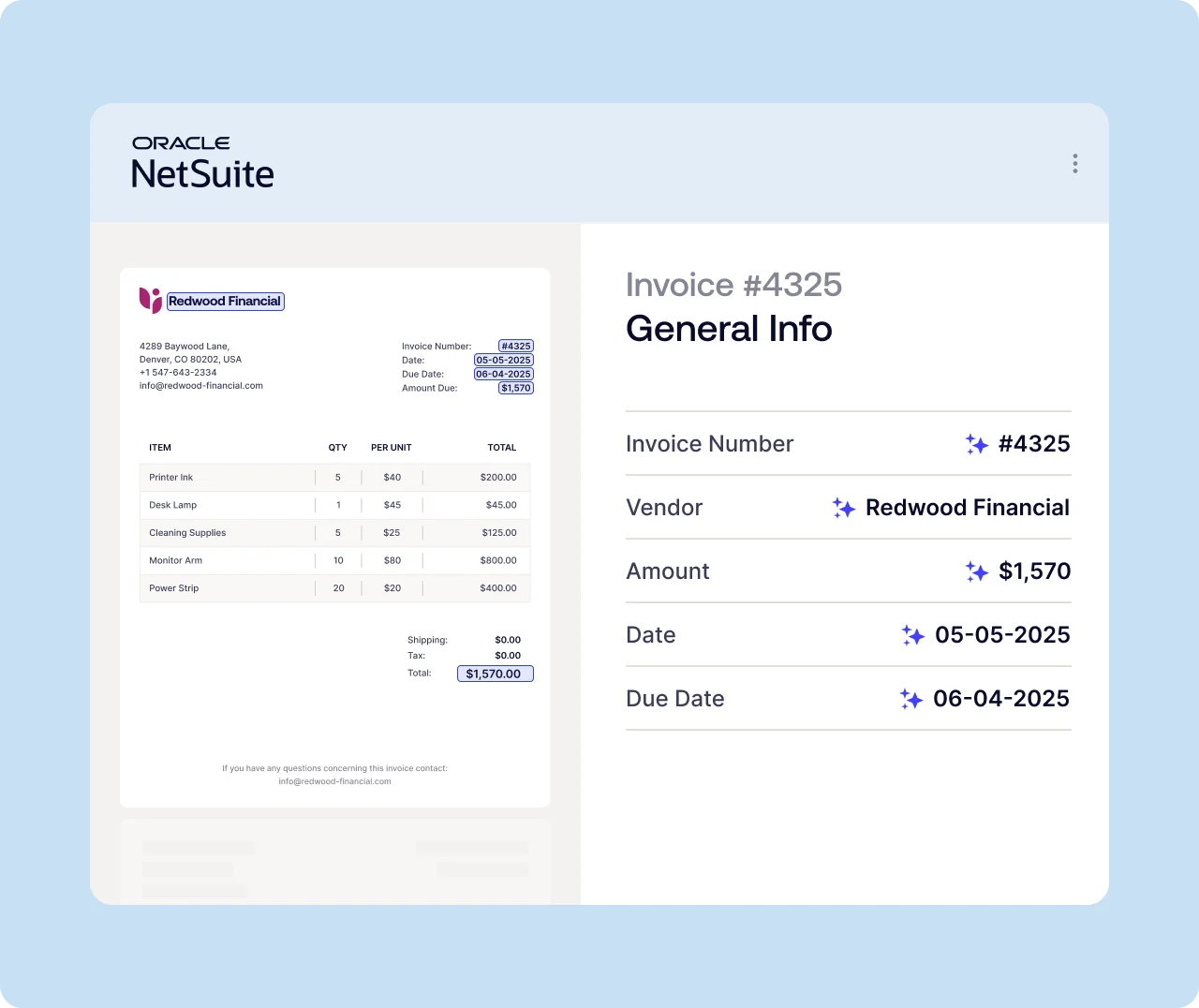 Screenshot of an Oracle NetSuite invoice dashboard showing a printable invoice on the left and a General Info invoice summary on the right