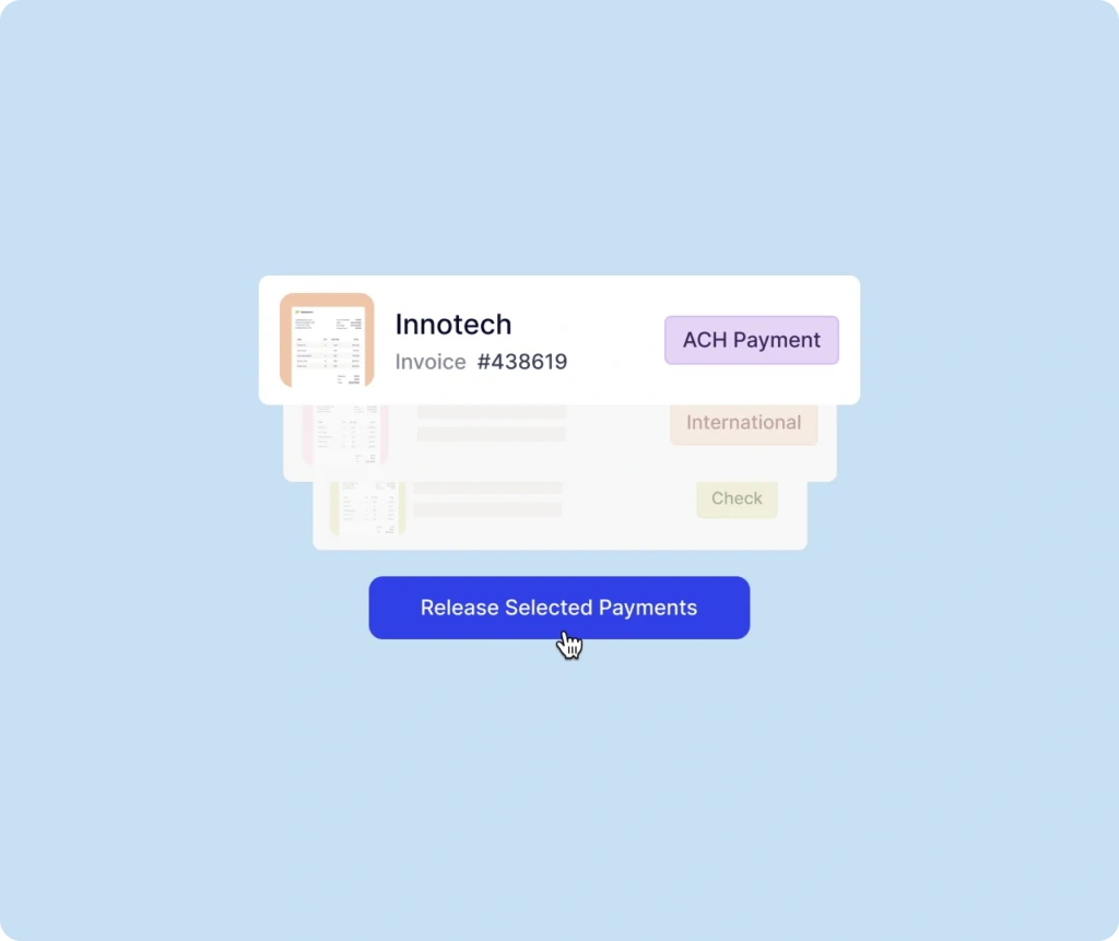 Invoice card for Innotech showing Invoice #438619 with an ACH Payment button; blurred background invoices and a blue 'Release Selected Payments' button below.