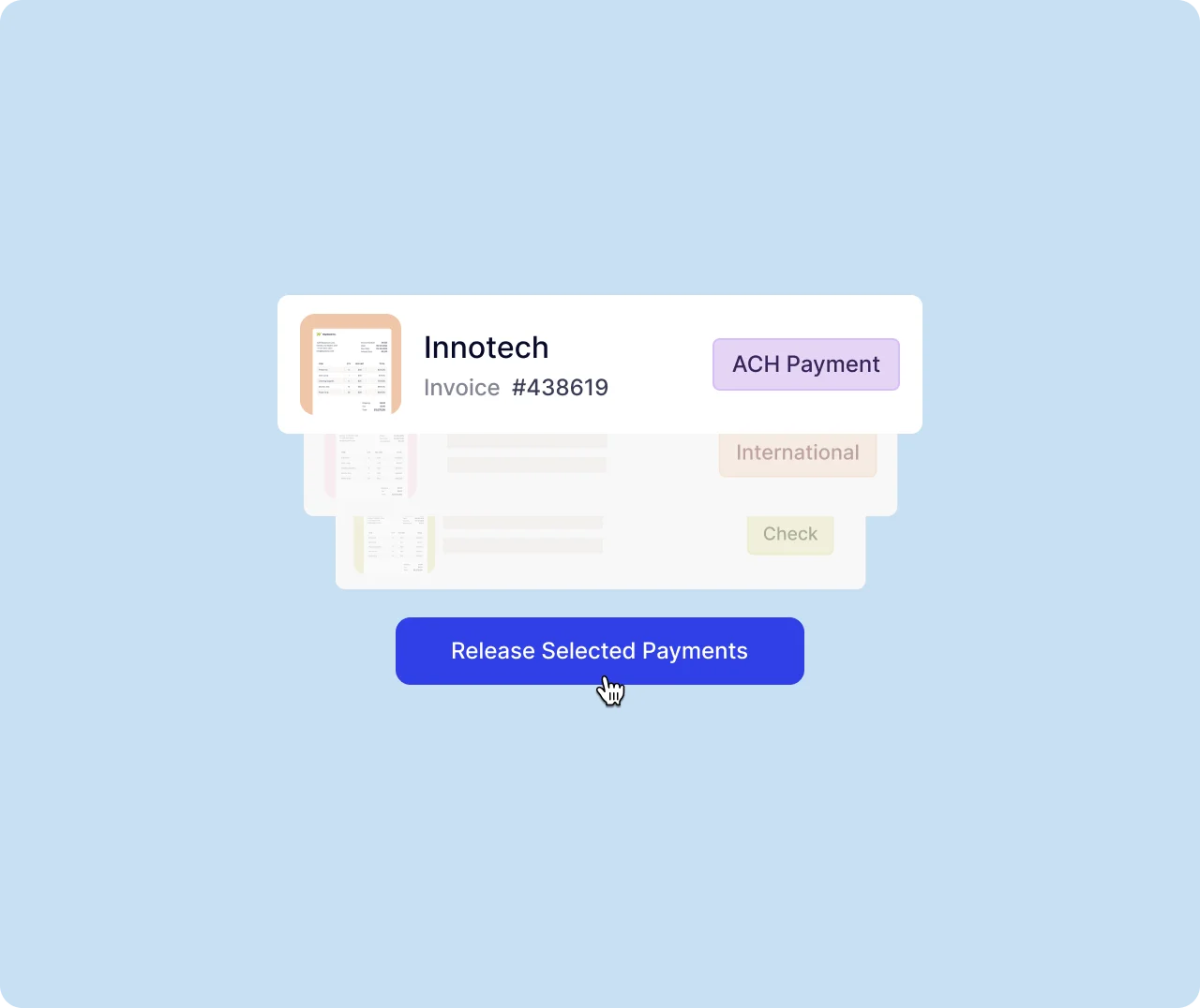 Invoice card for Innotech showing Invoice #438619 with an ACH Payment button; blurred background invoices and a blue 'Release Selected Payments' button below.