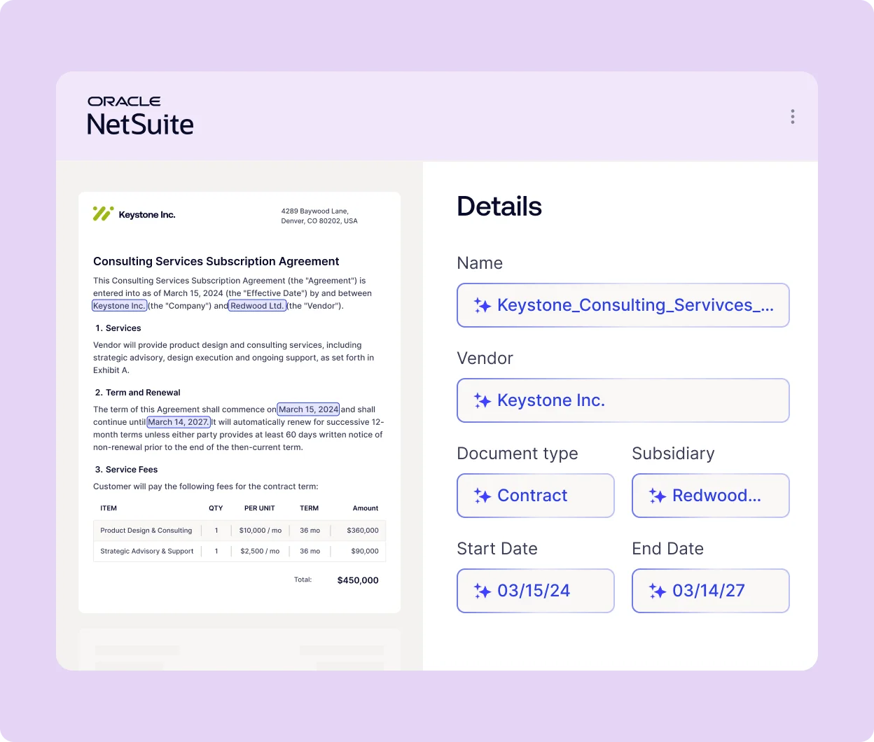 Oracle NetSuite UI showing a split screen: left a consulting services contract excerpt, right a Details panel with names, vendor, type, dates.
