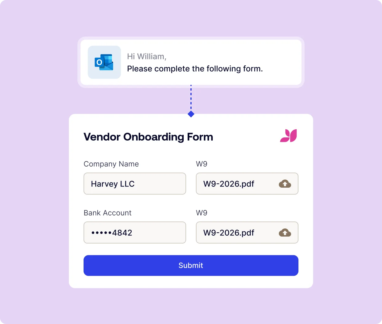 Onboarding screen titled Vendor Onboarding Form with a form for company details and W9 uploads on lavender background.
