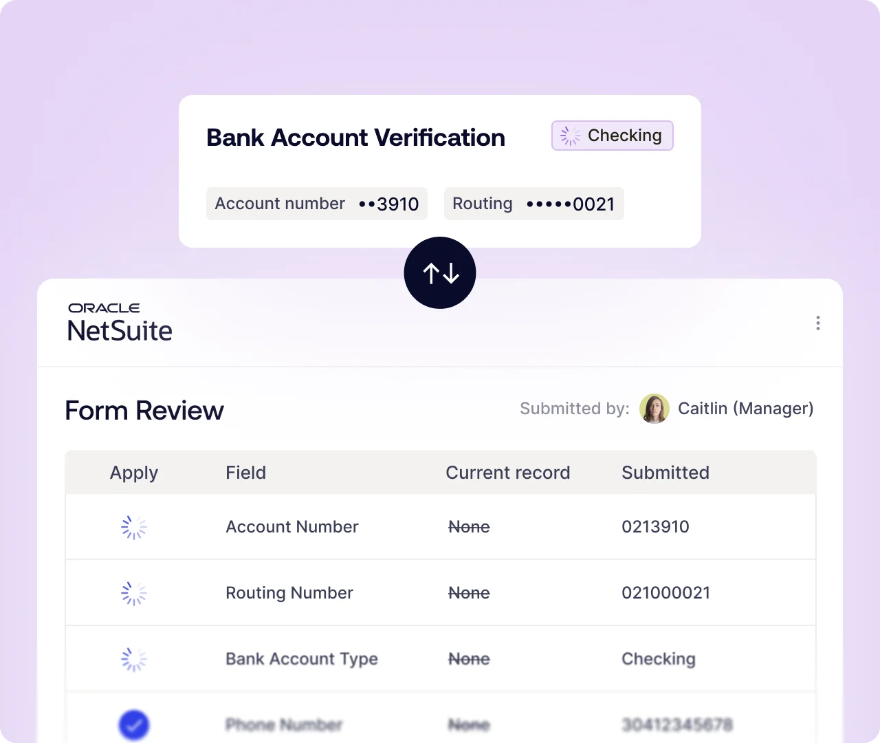 Bank account verification panel showing status 'Checking' with masked account and routing numbers, above a Oracle NetSuite 'Form Review' page preview.